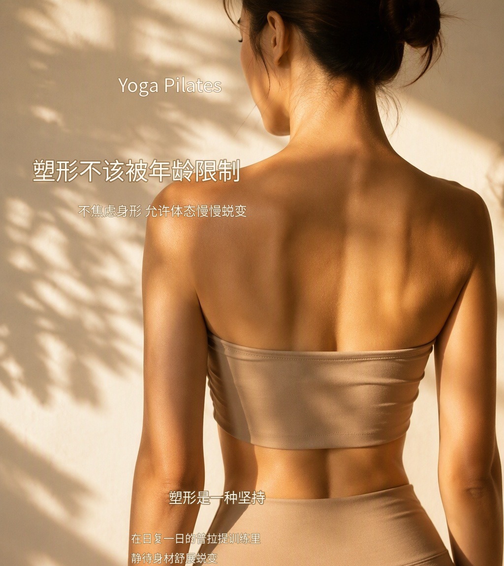 品牌海报：女性背部线条，配文「塑形不该被年龄限制」